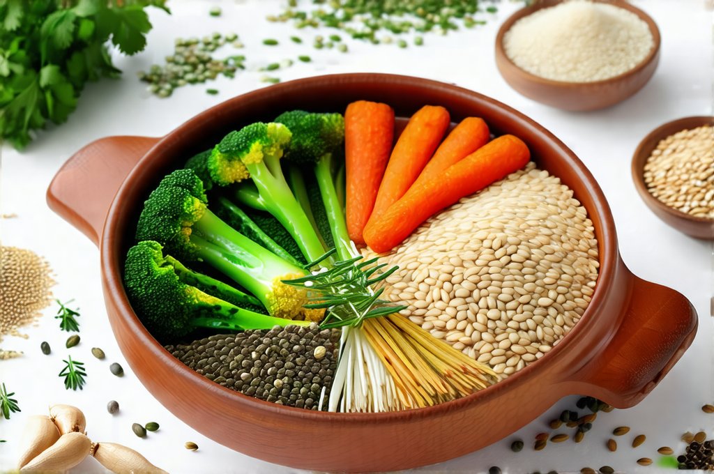 Healing Plan With Soaked Grains, Steamed Veg And Herbs
